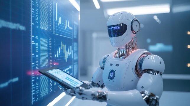 Advanced robot working with a tablet, analyzing charts and graphs, high-tech office with bright colors