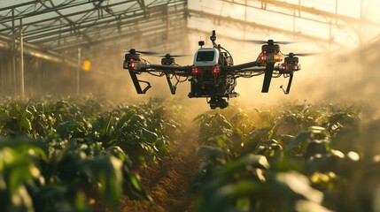 Advanced farming scene with a drone and robotic arm optimizing irrigation and planting