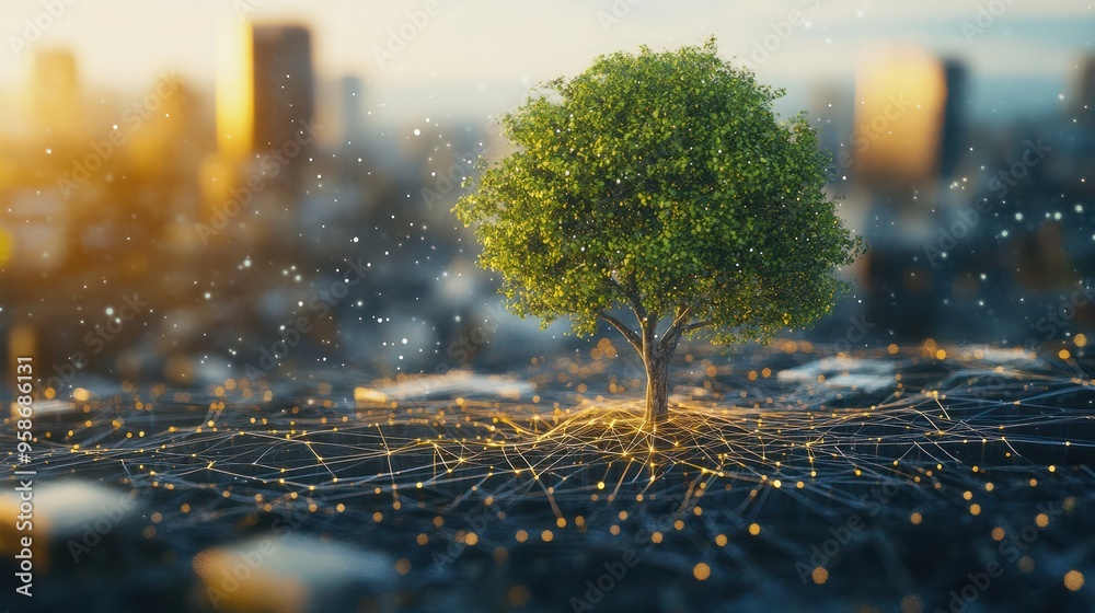 Poster climate change networking concept with tree and network lines.