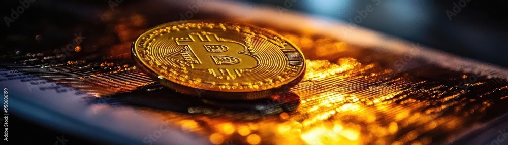 Aufkleber A close-up of a shiny Bitcoin coin resting on a reflective surface, showcasing its intricate design and gold tones.