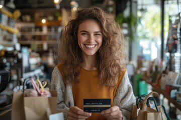 Smiling woman holding a credit card in a colorful and vibrant shop, surrounded by various items for sale, showcasing a happy shopping experience and customer satisfaction.