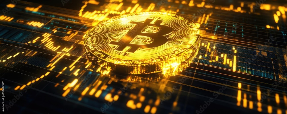 Poster stunning visual of a bitcoin surrounded by digital graphics, symbolizing the rise of cryptocurrency 