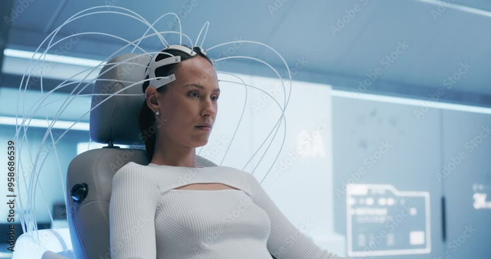 Poster in a futuristic laboratory, doctors use advanced neural technology to scan female patient's brain, a