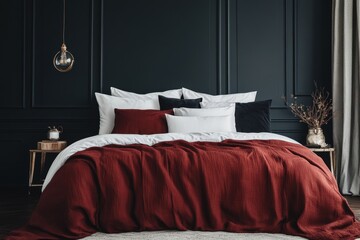 Cozy bedroom with a dark wall, stylish bedding, and decorative elements for a relaxing atmosphere.