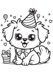 Dog wearing birthday hat children coloring page 