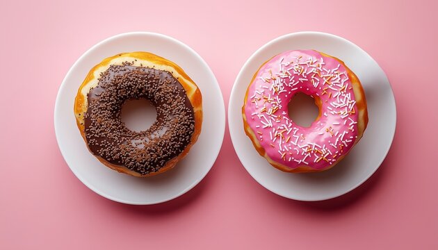 Donuts flat design and top view, pink background above shot high angle close up