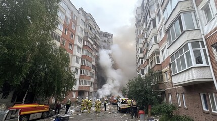 Obraz premium An apartment building in Khorb is ablaze, with smoke and fire billowing from its windows. Nearby soldiers maintain order as onlookers gather at a multi-story house