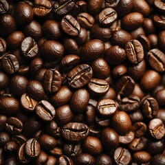 Fototapeta premium A Textured Tapestry of Roasted Coffee Beans Fills the Frame with Rich Shiny Reflections