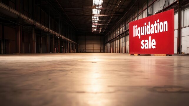 A spacious warehouse features a large sign announcing a liquidation sale, highlighting the need for clearance of stock and inventory.