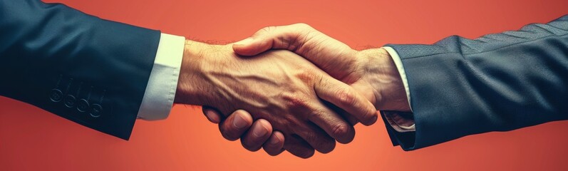 Fototapeta premium Two men shaking hands with each other, banner, copy space
