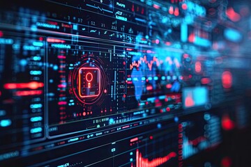 Obraz premium A conceptual image of a digital lock on a screen of financial data, representing cybersecurity in finance