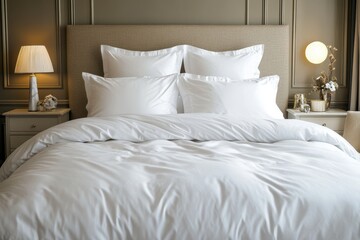 Cozy bedroom with a neatly made bed featuring white linens and decorative pillows.