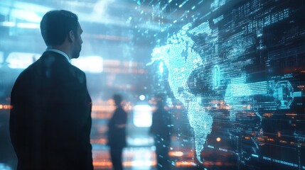 Corporate professionals in action, overlaid with a futuristic digital network interface