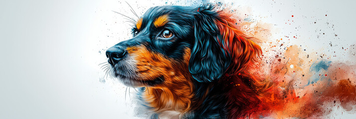A colorful, abstract portrait of a dog, with splashes of color.