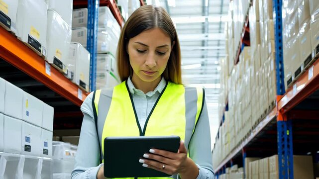 Warehouse worker reviewing inventory on a digital tablet in a busy storage facility aisle, 4k video