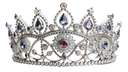 Obraz premium Diamond Silver Crown for Miss Pageant Beauty queen Contest, Crystal Tiara jewelry decorated gems stone, on white or transparent background. 