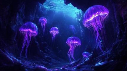 Bioluminescent Jellyfish in a Dark Underwater Cave