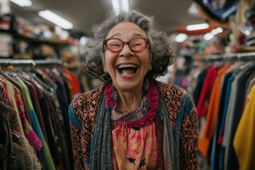 Obraz premium An elderly woman with gray hair and glasses laughs heartily while standing amidst racks of vintage clothing in a store, exuding joy and timeless fashion inspiration.