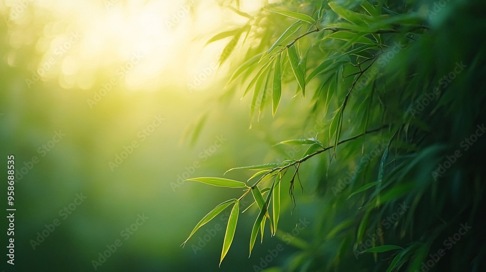 Poster peaceful meditation scene in a bamboo forest with soft light filtering through the leaves and a gent