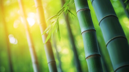 Peaceful meditation scene in a bamboo forest with soft light filtering through the leaves and a...