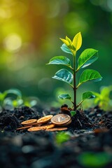Sapling Growing from Bitcoin Coins - Symbolizing Economic Growth and Investment Success