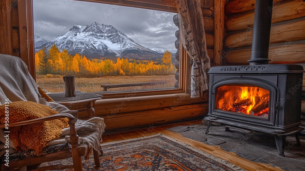 Poster meditation in a rustic cabin with a view of the mountains and the warmth of a crackling fire stock p