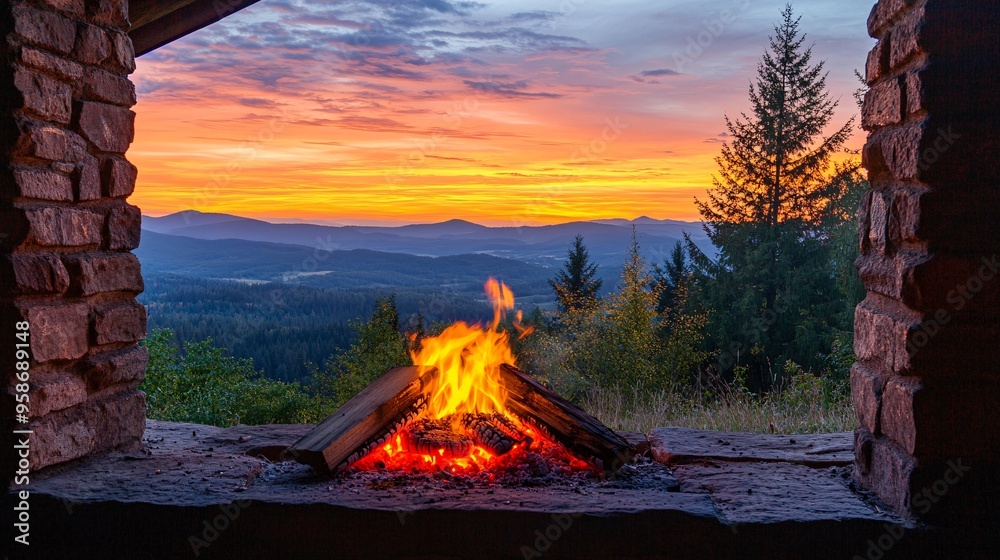 Poster meditation in a rustic cabin with a view of the mountains and the warmth of a crackling fire stock p