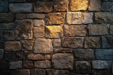Obraz premium A Close-up of a Rough Stone Wall with Warm Light