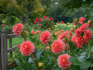 English garden with dahlia flowers