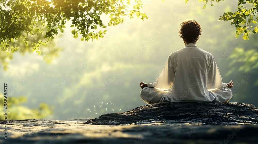 Aufkleber serene meditation in a park with the sound of birds singing and a light breeze rustling the leaves s
