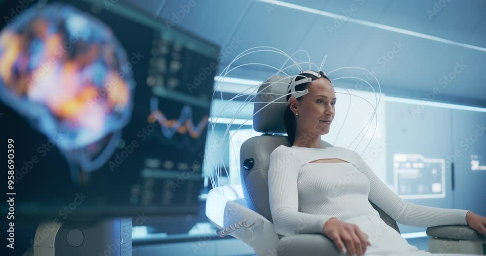Poster advanced neural technology to scan female patient's brain, focusing on cognitive optimization and ne