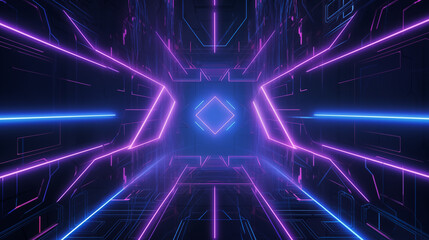 Fototapeta premium Futuristic Neon Grid Corridor With Purple And Blue Lights
