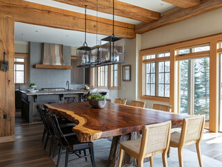 A large windowed dining room in a country house. A modern interior photo with a wooden dining table and chairs. Generative AI