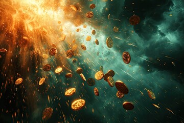 Obraz premium A creative depiction of a cryptocurrency market crash, with coins falling like rain in a stormy, dramatic sky