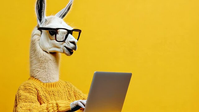 Llama wearing glasses and sweater typing on laptop on yellow background