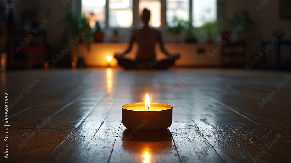 Poster Meditation in a quiet room with soft light and a single candle flickering in the background Stock Photo with copy space