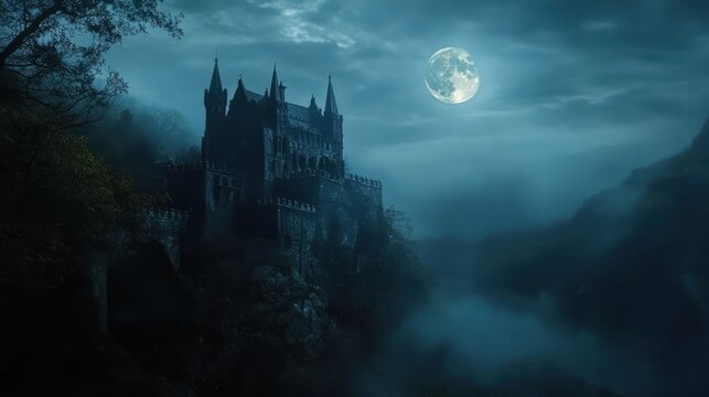 Dracula. haunted scary vampire. castle on a mountain during spooky misty dark night with full moon