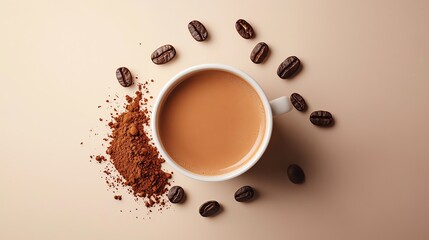 Obraz premium A warm cup of coffee surrounded by coffee beans and ground coffee, perfect for coffee lovers and beverage enthusiasts.