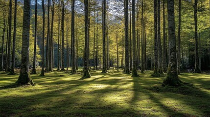 Fototapeta premium Serene meditation scene in a forest with tall trees and the sound of leaves rustling in the wind Stock Photo with copy space