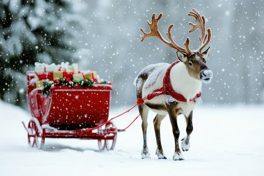 Reindeer Pulling a Red Sleigh Through a Snowy Forest