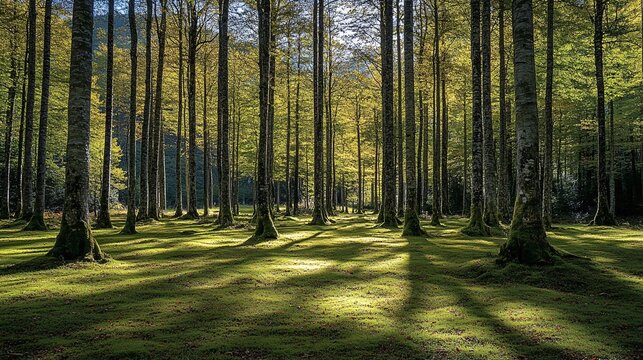 Serene meditation scene in a forest with tall trees and the sound of leaves rustling in the wind Stock Photo with copy space