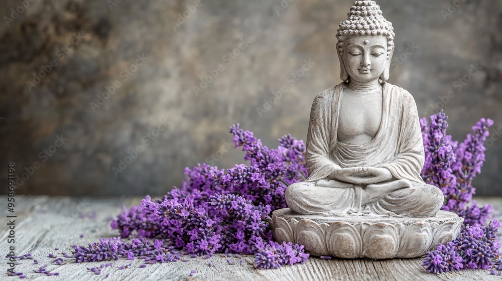 Aufkleber meditation in a quiet room with soft light and the scent of lavender filling the air stock photo wit
