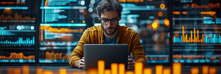 A young man in glasses sits at a desk working on a laptop.  The background is filled with brightly colored charts and data.