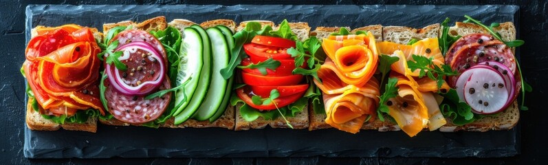 Sandwich with various vegetables and meats on it, food background, banner