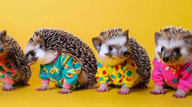 A vibrant image of four adorable hedgehogs in colorful sweaters, set against a bright yellow backdrop. Perfect for projects on pets, nature, or playful themes.
