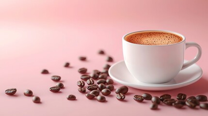 Fototapeta premium A cozy cup of coffee with rich crema, surrounded by coffee beans on a soft pink background for a warm morning vibe.