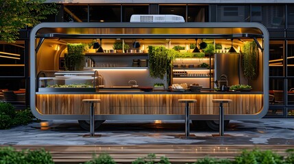 Obraz premium Sleek Food Truck Serving Lab Grown Meat Tacos Showcasing Innovative Street Food of the Future