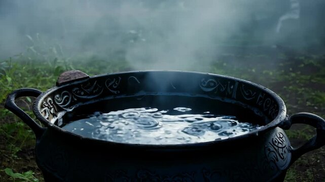 A rustic black cauldron bubbles with water in a serene, green setting. Intricate carvings adorn it, while steam rises, creating a mystical ambiance for magic and cooking themes.