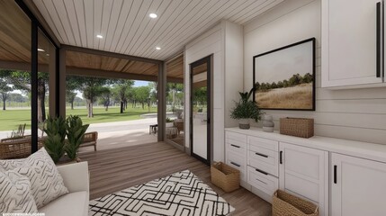 A warm, inviting hallway showcases white cabinets with black hardware and light wood floors, providing ample storage for shoes and small items. The design creates a cozy atmosphere