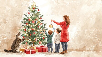A joyful family decorates their Christmas tree together, surrounded by presents and a playful cat, capturing holiday spirit.